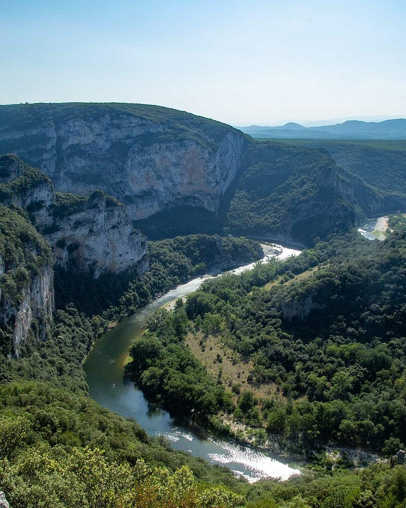 Breathtaking aerial vista over the spectacular canyon river loop near Les Castels campsite in Ardeche.
