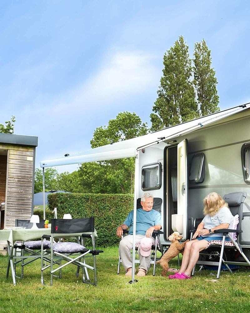 A small brown poodle dog jumps up excitedly towards its owners who are relaxing in chairs outside their modern caravan under a large white awning.