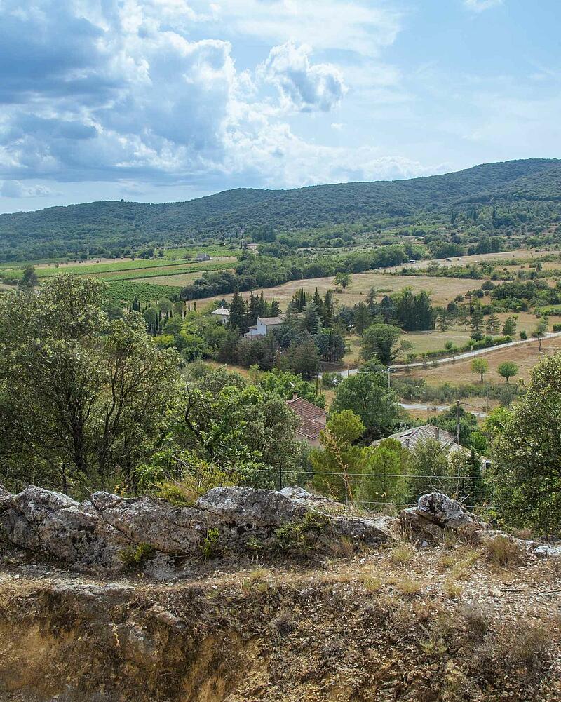 Scenic landscape view of rolling hills, vineyards, and lush vegetation surrounding Les Castels Domaine de Sévenier campsite in Ardèche, France.