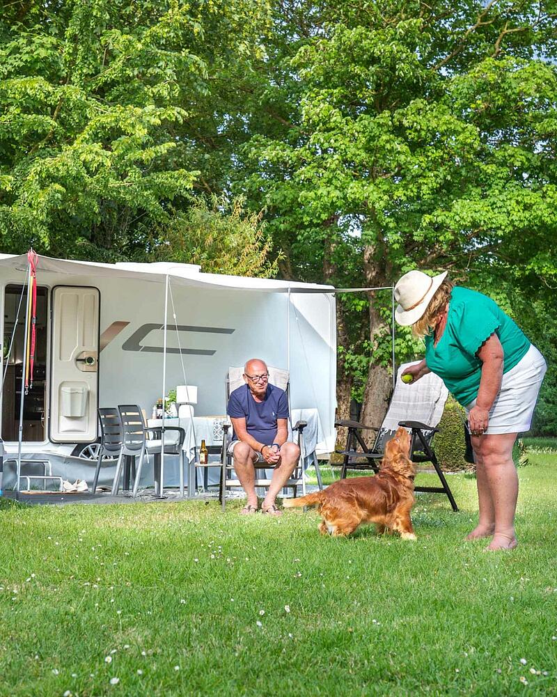 A couple and their spaniel dog enjoying time together on a grassy pitch outside their caravan at Les Castels pet-friendly 5-star campsites in France, highlighting premium campsites France.