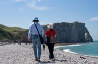 A couple seen from behind wearing sun hats walks along a pebble beach toward the dramatic limestone cliffs of Étretat by the blue sea in Normandy.